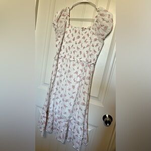 Celebrity Pink Puff Sleeve Pink White Floral Midi Dress Size XL Easter Spring